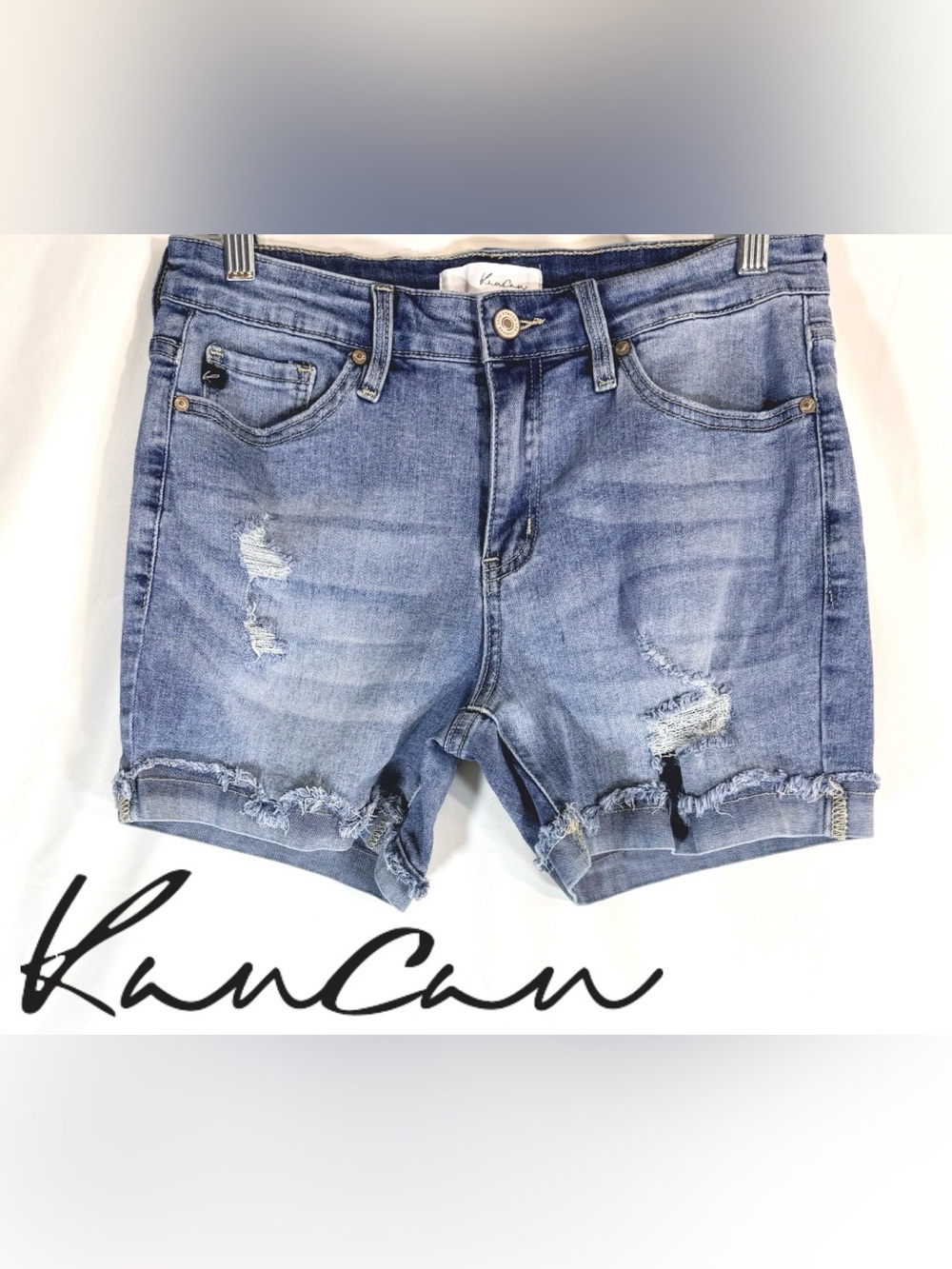 KanCan Medium Wash Frayed Rolled Hems With Classic Rip-And-Repair Detailing